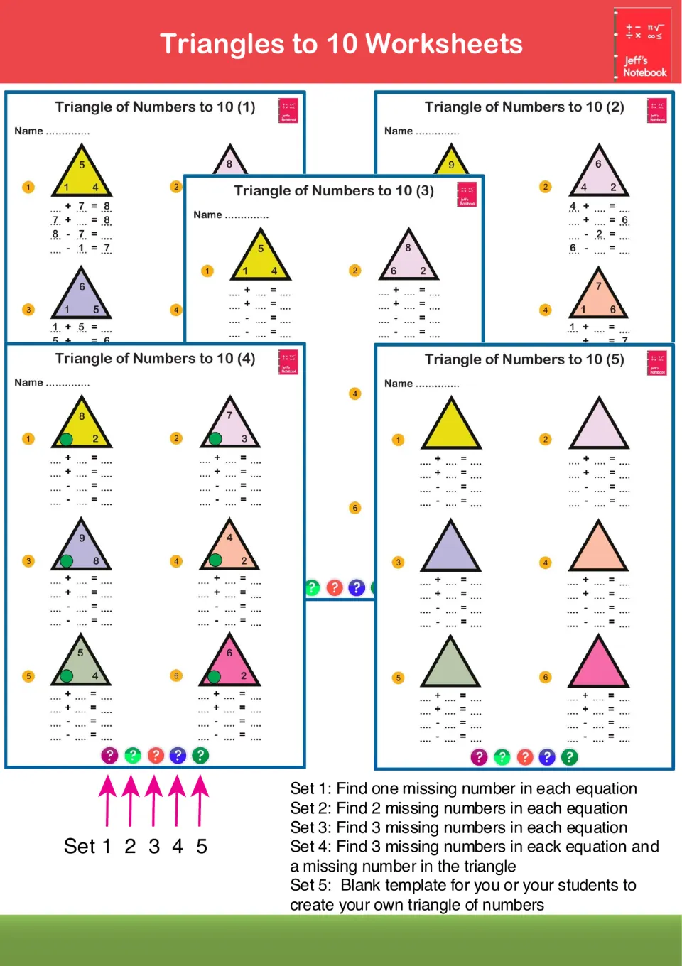 Triangles to 10 worksheets: four levels of missing numbers in fact family equations and triangles, plus a blank template