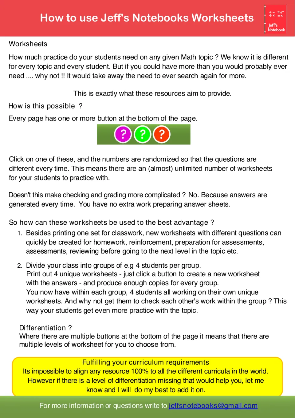 How to use the worksheets: buttons randomize the numbers for new practice pages with answers, plus ideas for group checking