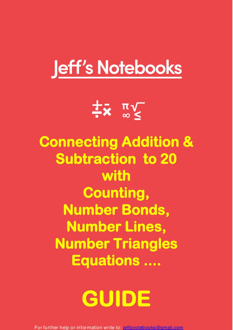 Jeff's Notebooks guide cover: connecting addition and subtraction to 20 with counting, number bonds, lines and triangles