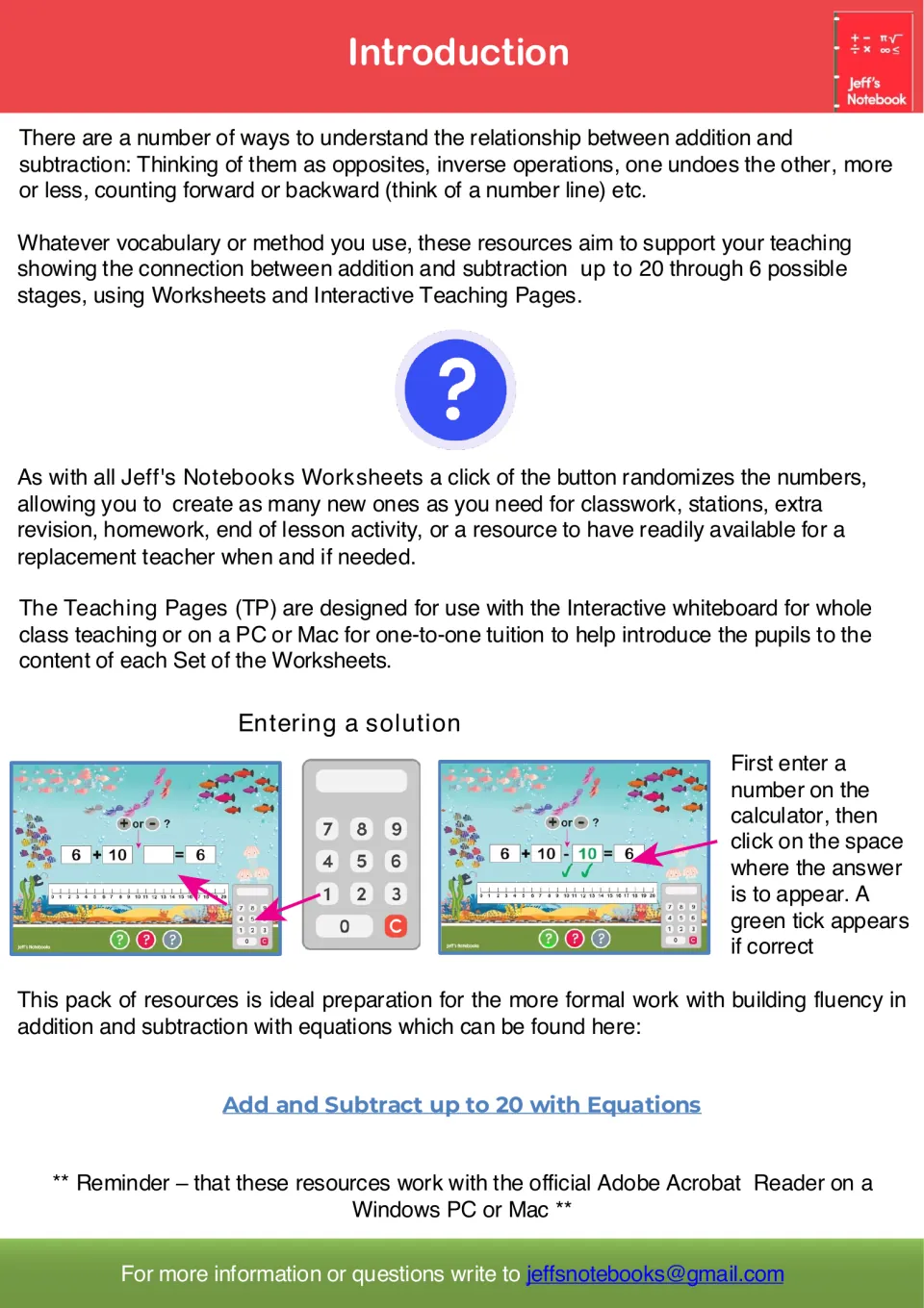 Introduction: randomized worksheets and interactive teaching pages, with screenshots showing how to enter a solution