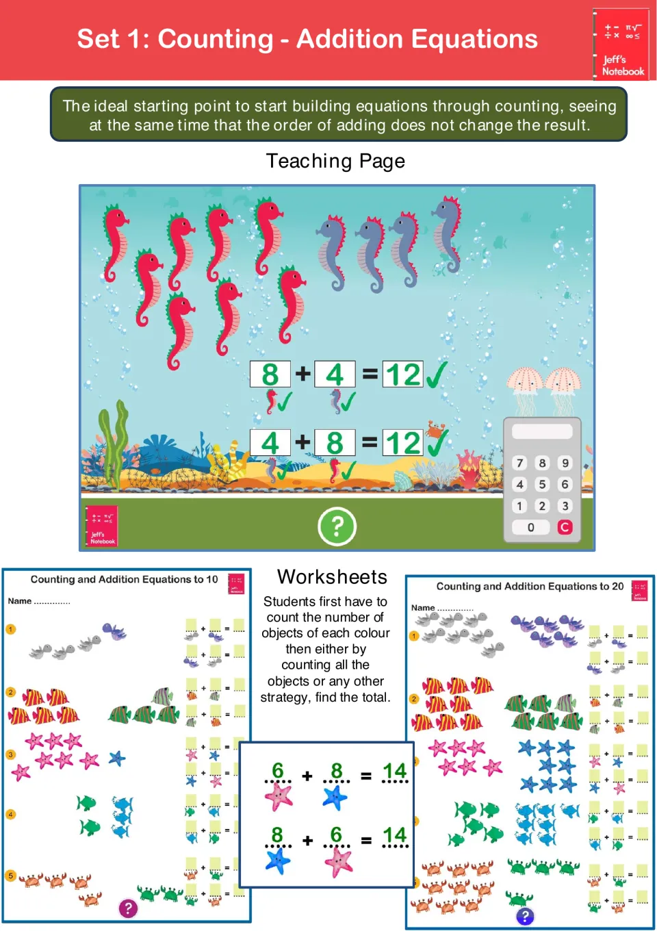 Set 1, counting addition equations: students count sea creatures of each colour to write facts like 8 + 4 and 4 + 8 = 12