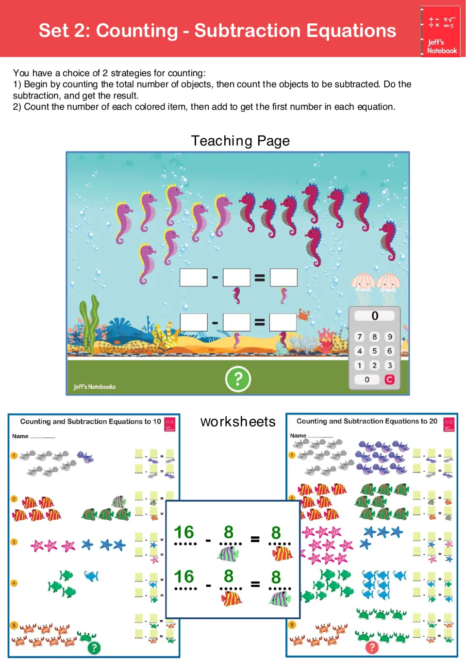 Set 2, counting subtraction equations: students count sea creatures to fill facts like 16 - 8 = 8, to 10 and to 20