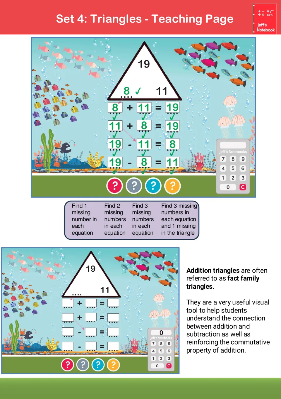 Set 4, fact family triangles: students complete four equations from a 19, 8, 11 triangle, finding 1 to 3 missing numbers