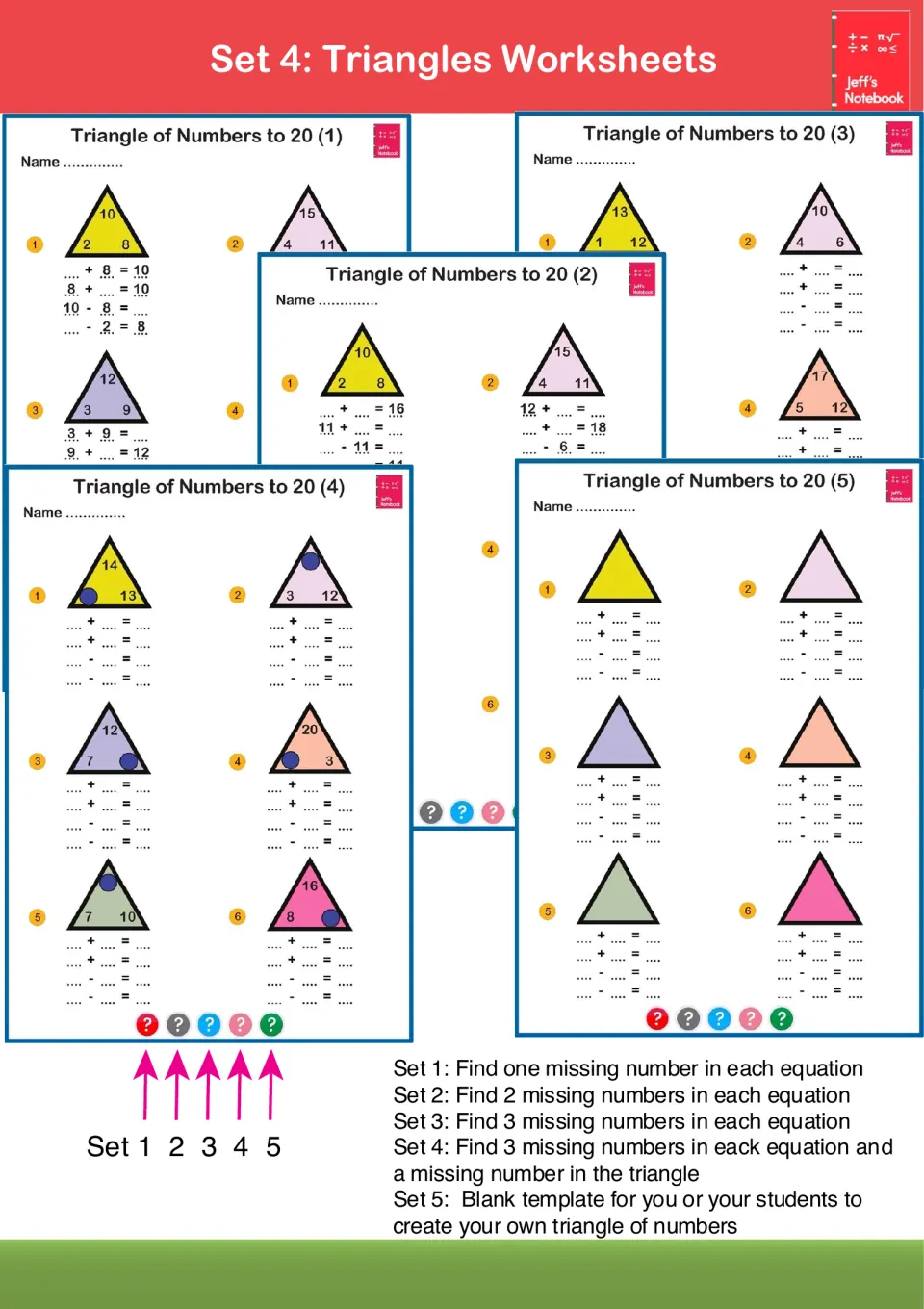 Set 4 triangle worksheets: students use each triangle to fill in missing numbers in addition and subtraction facts to 20