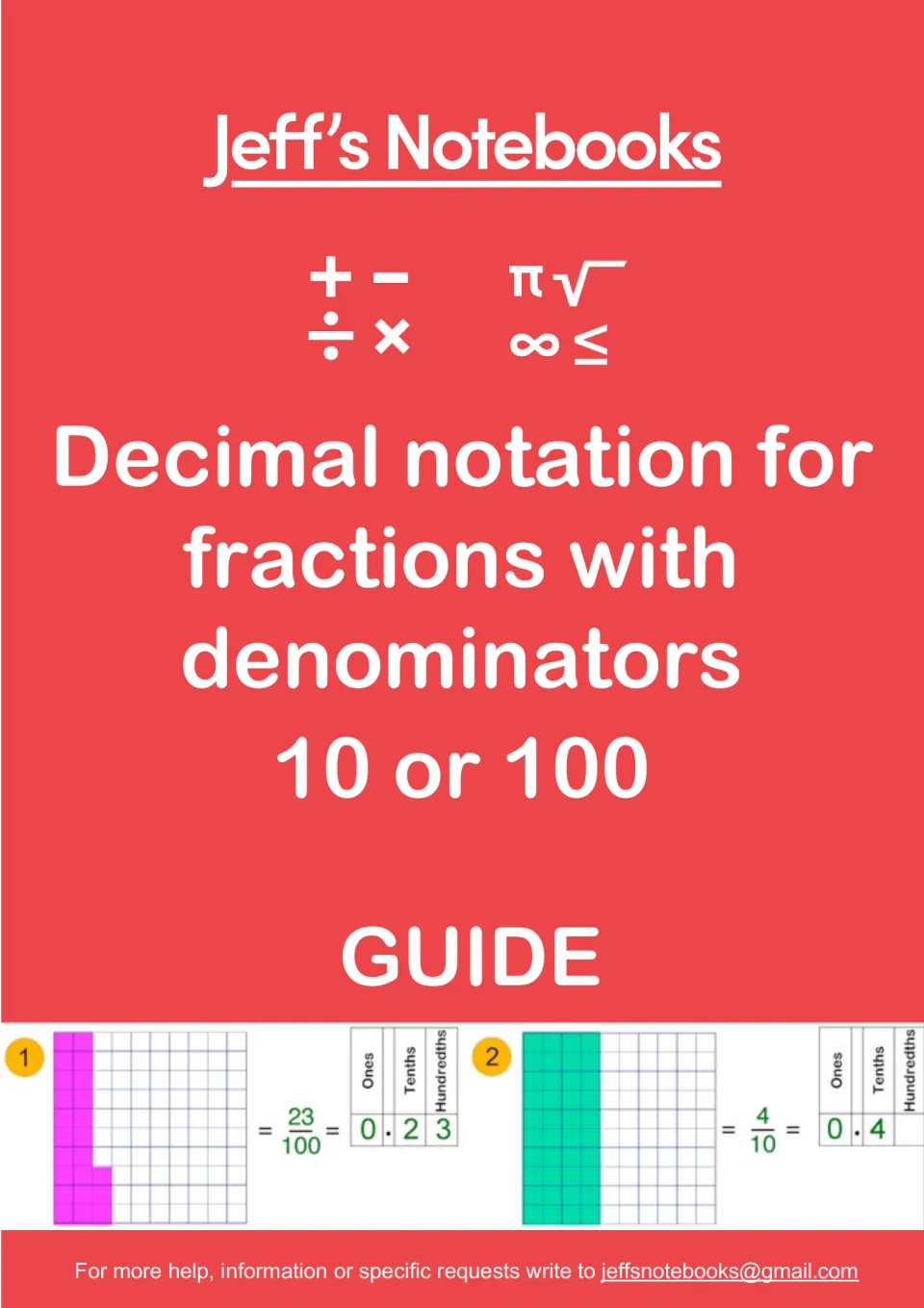 Jeff's Notebooks guide cover: Decimal notation for fractions with denominators 10 or 100, with shaded grid examples