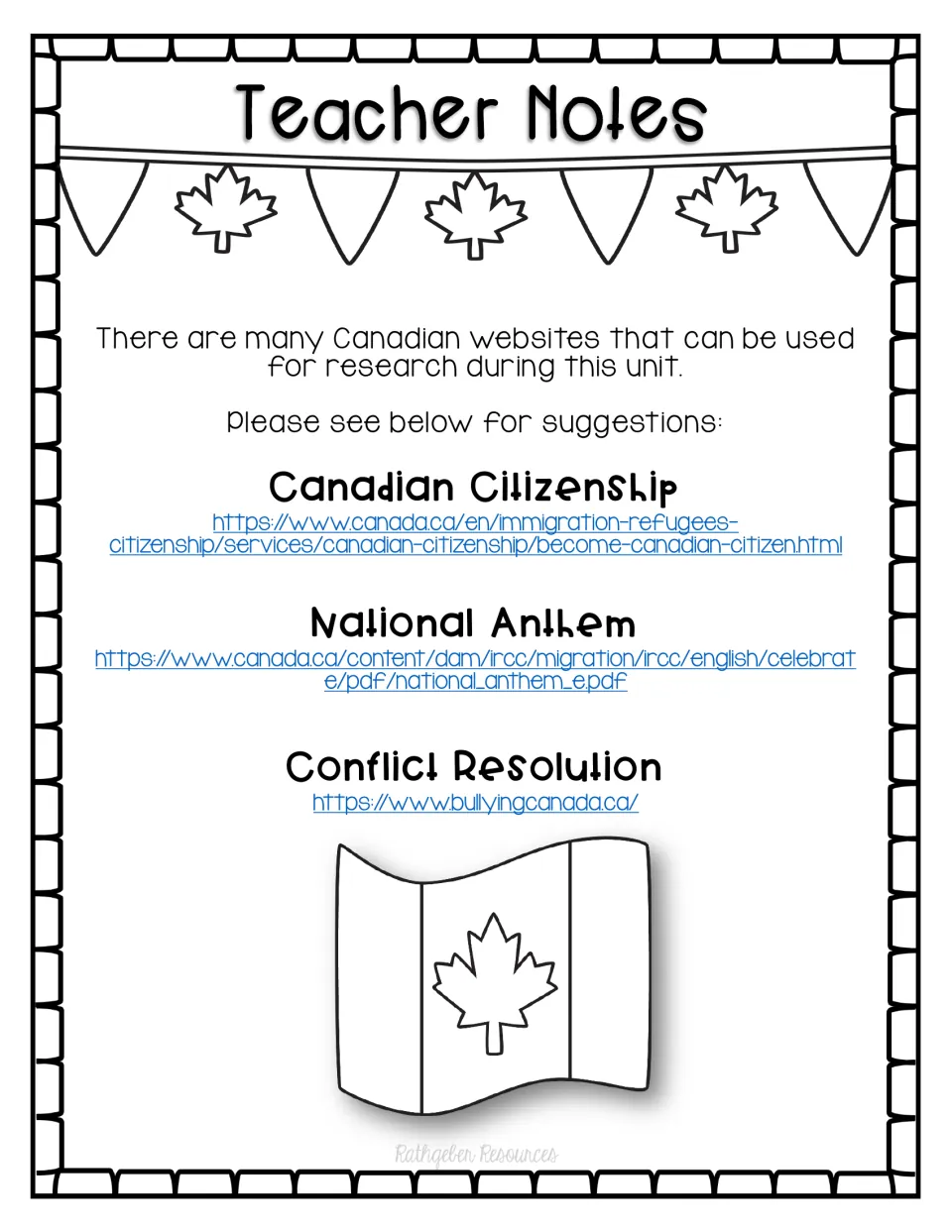 Teacher notes suggest research websites for Canadian citizenship, the national anthem, and conflict resolution