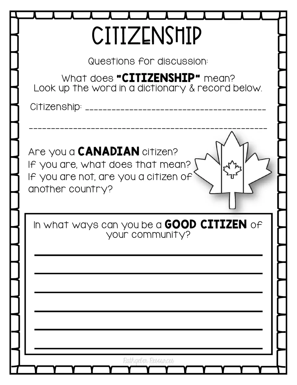 Citizenship discussion page asks students to define citizenship and explain how to be a good community citizen