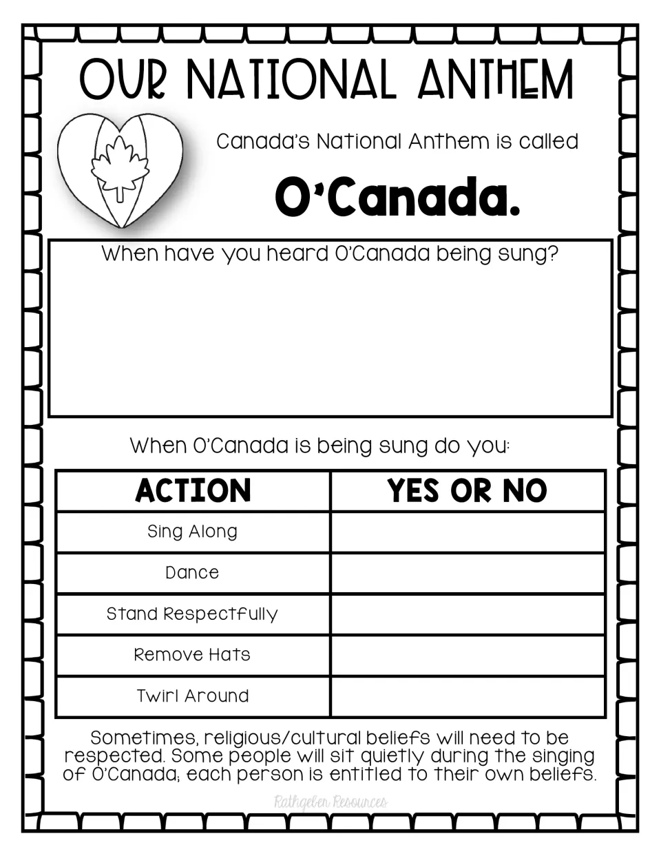 National anthem activity asks when students have heard O Canada and includes five yes-or-no behavior questions