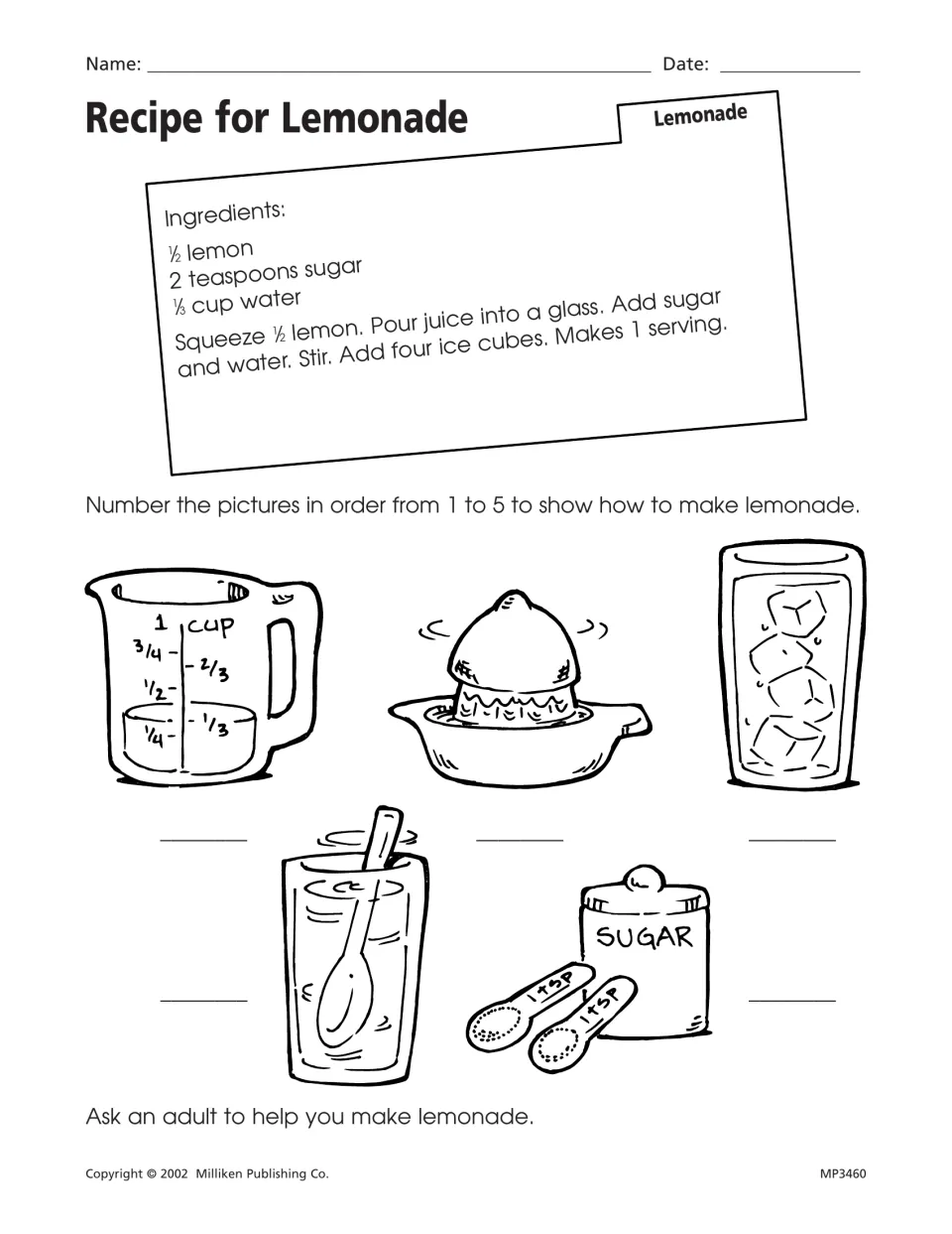 Lemonade sequencing activity: read a recipe and number five pictures showing the steps for making lemonade