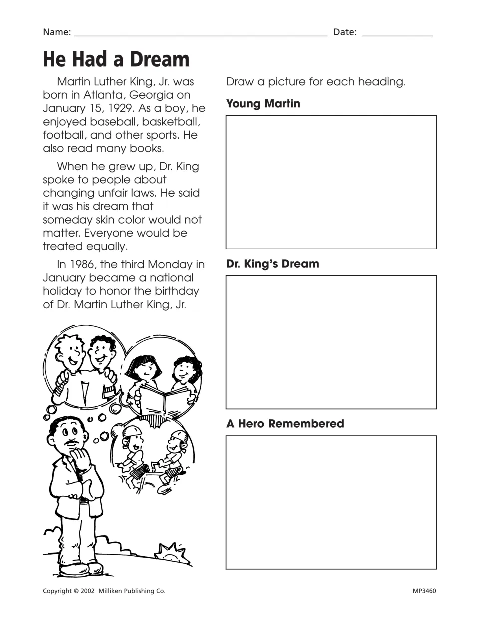 Martin Luther King Jr. reading activity: draw Young Martin, Dr. King’s Dream, and A Hero Remembered
