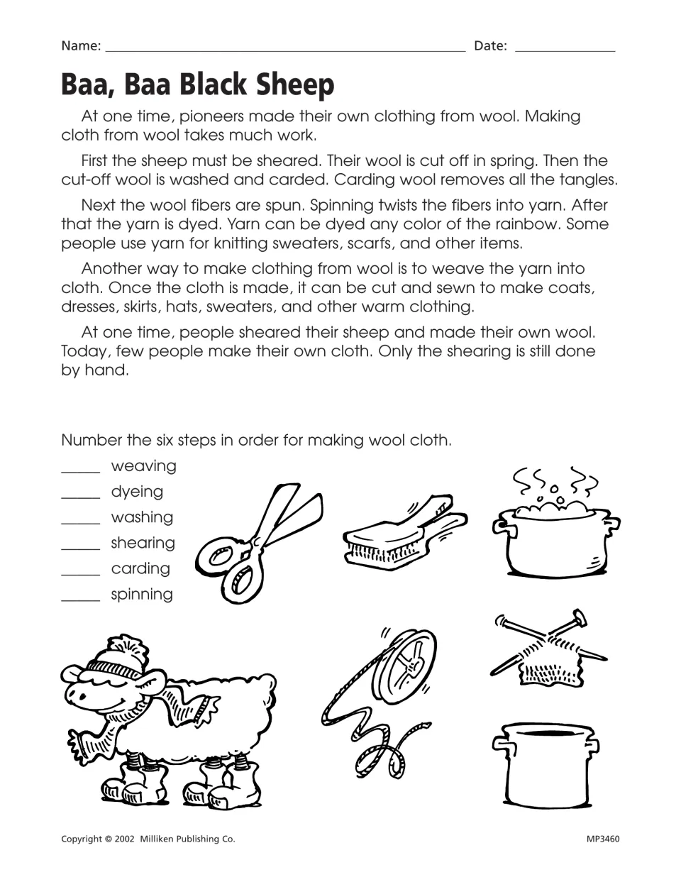 Wool cloth reading activity: sequence shearing, washing, carding, spinning, dyeing, and weaving