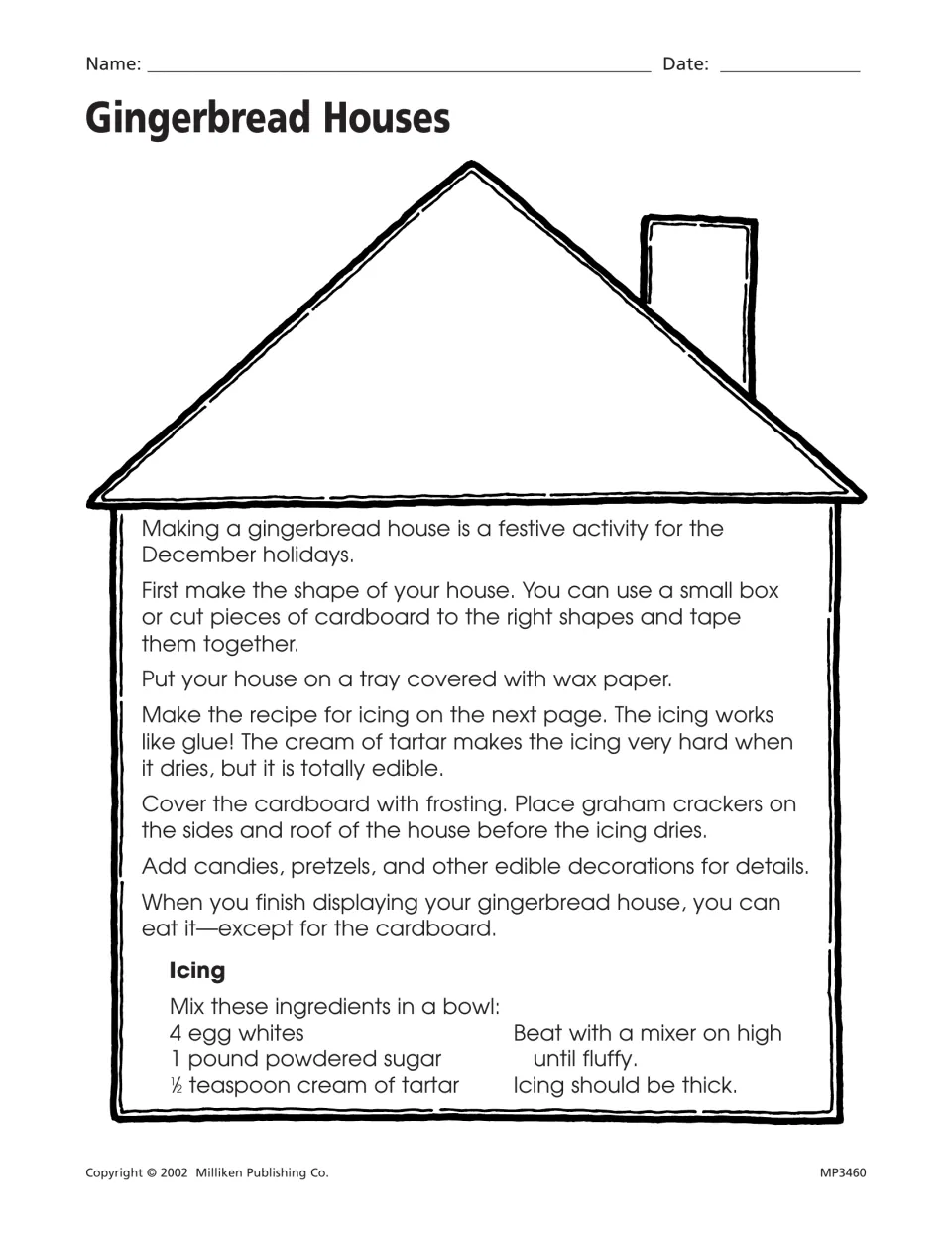 Gingerbread house reading passage: construction directions using cardboard and graham crackers, plus icing recipe