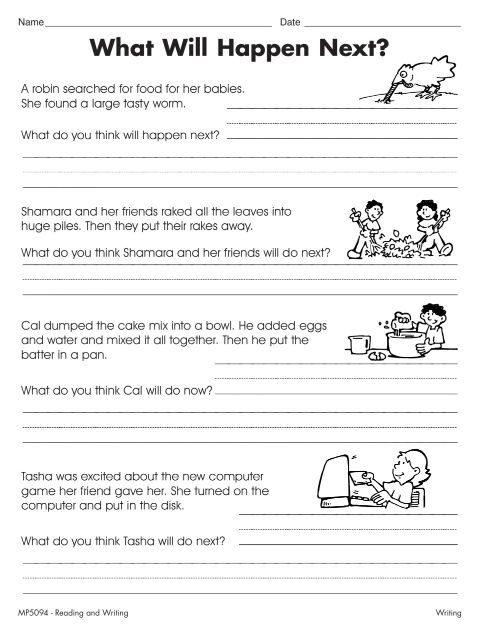 Written prediction practice: tell what happens next after a robin finds a worm, leaf raking, baking, and game setup