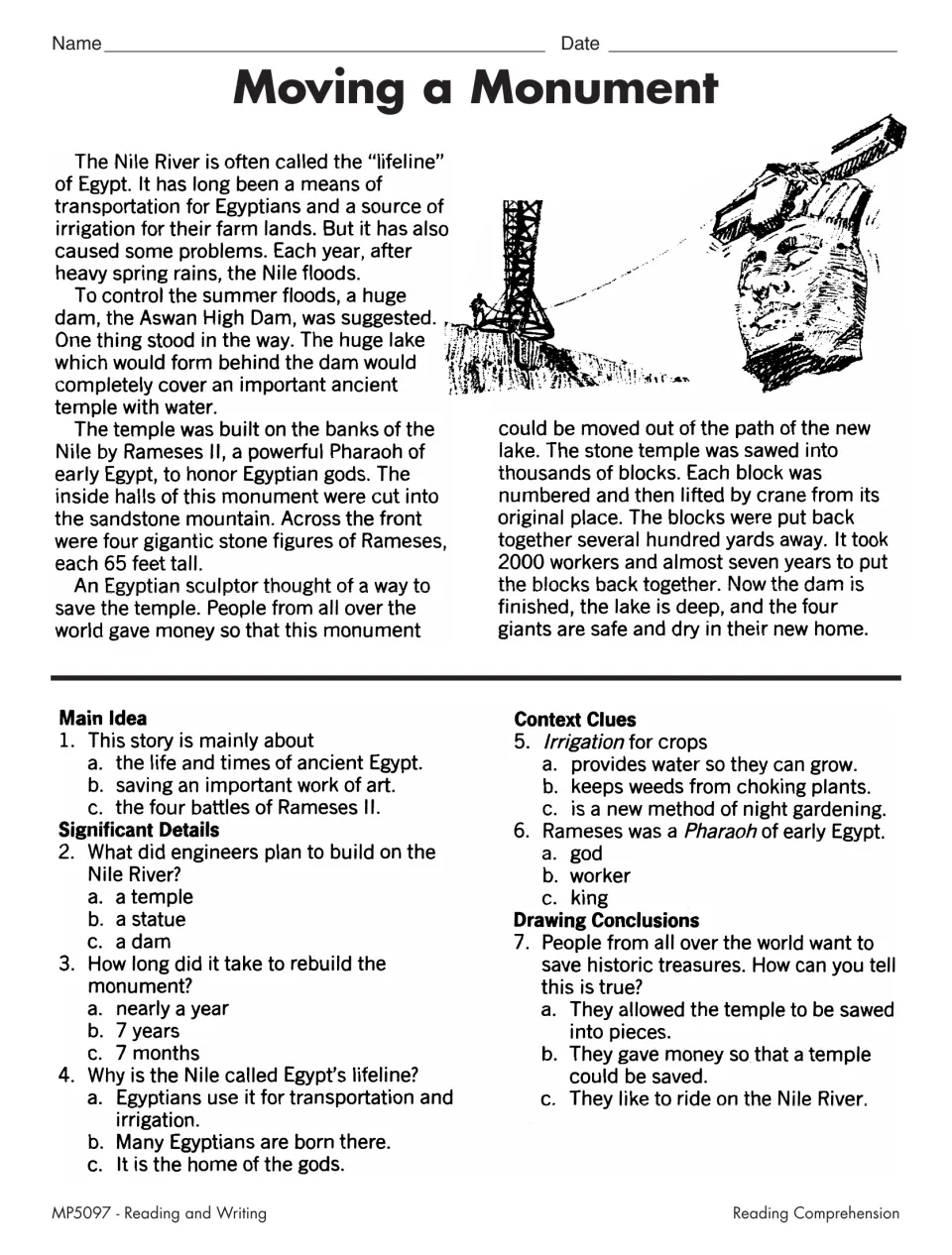 Moving a Monument: students read how Rameses II's temple was moved for the Aswan Dam, then answer 7 multiple-choice items