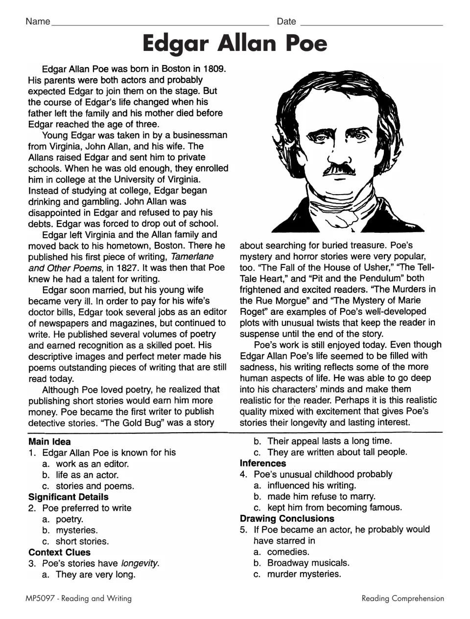 Edgar Allan Poe biography: students read about his life, poems and detective stories, then answer 5 comprehension questions