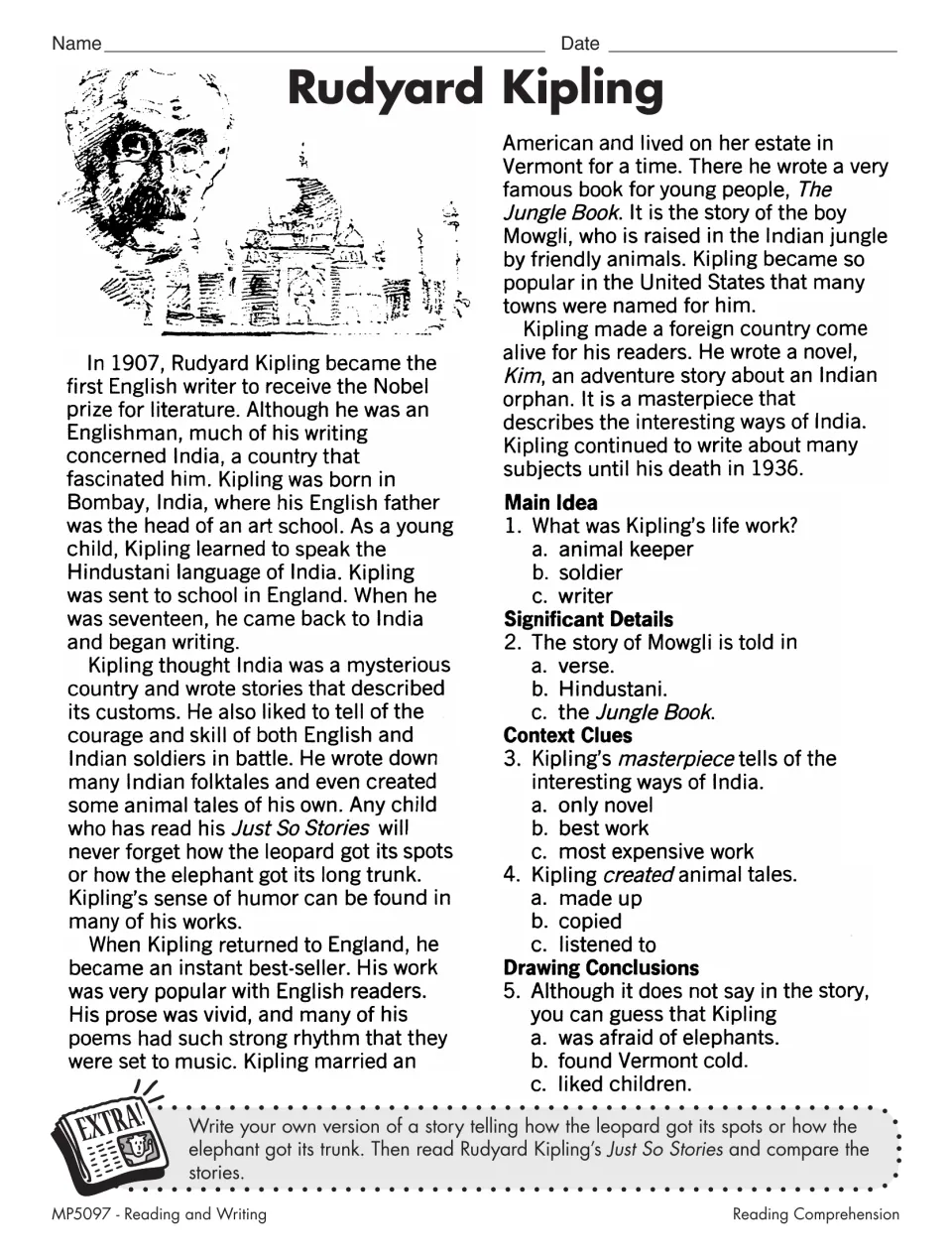 Rudyard Kipling reading: students answer 5 questions on his life and Jungle Book, then write their own Just So-style tale