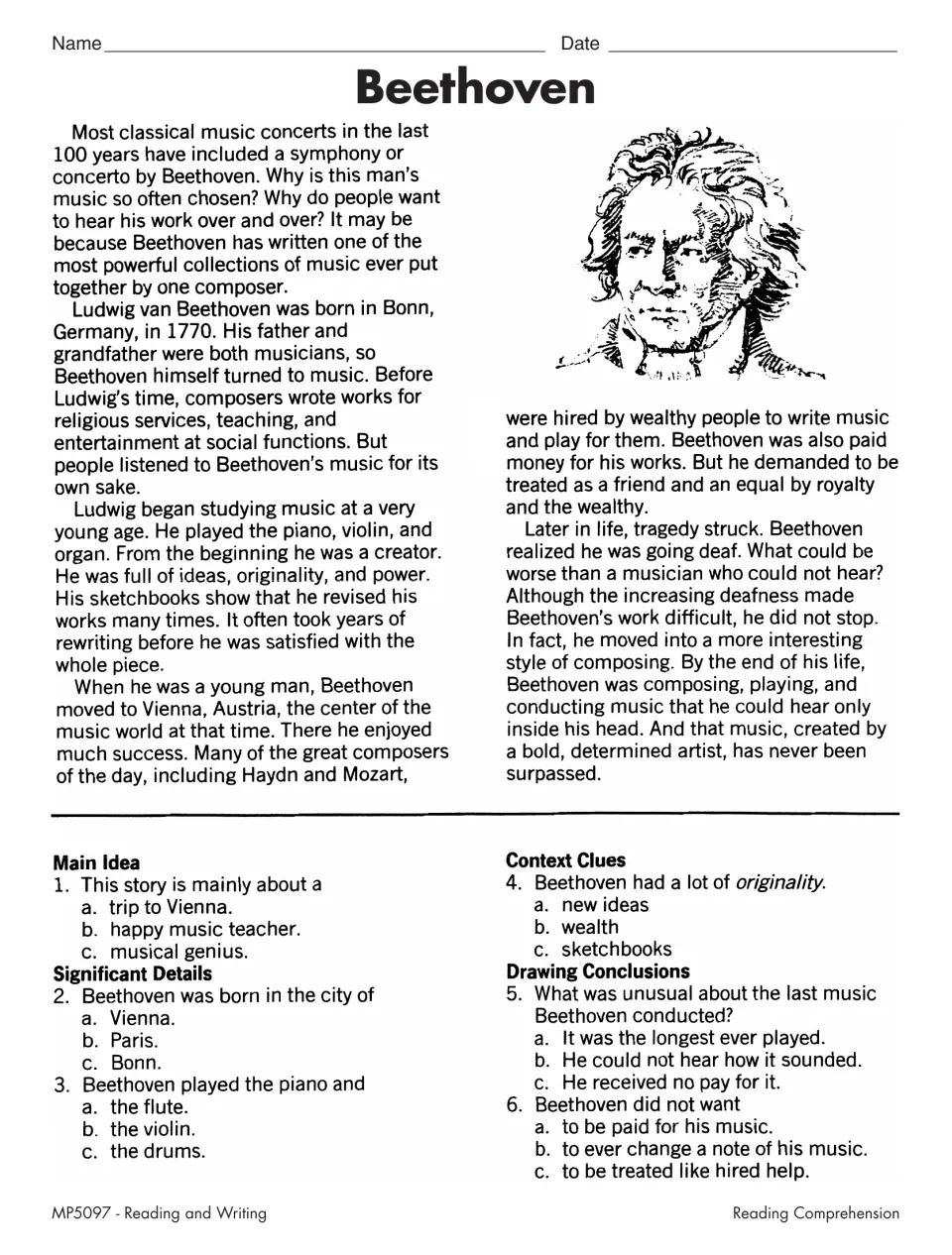 Beethoven biography: students read about his music and deafness, then answer 6 questions on details and context clues