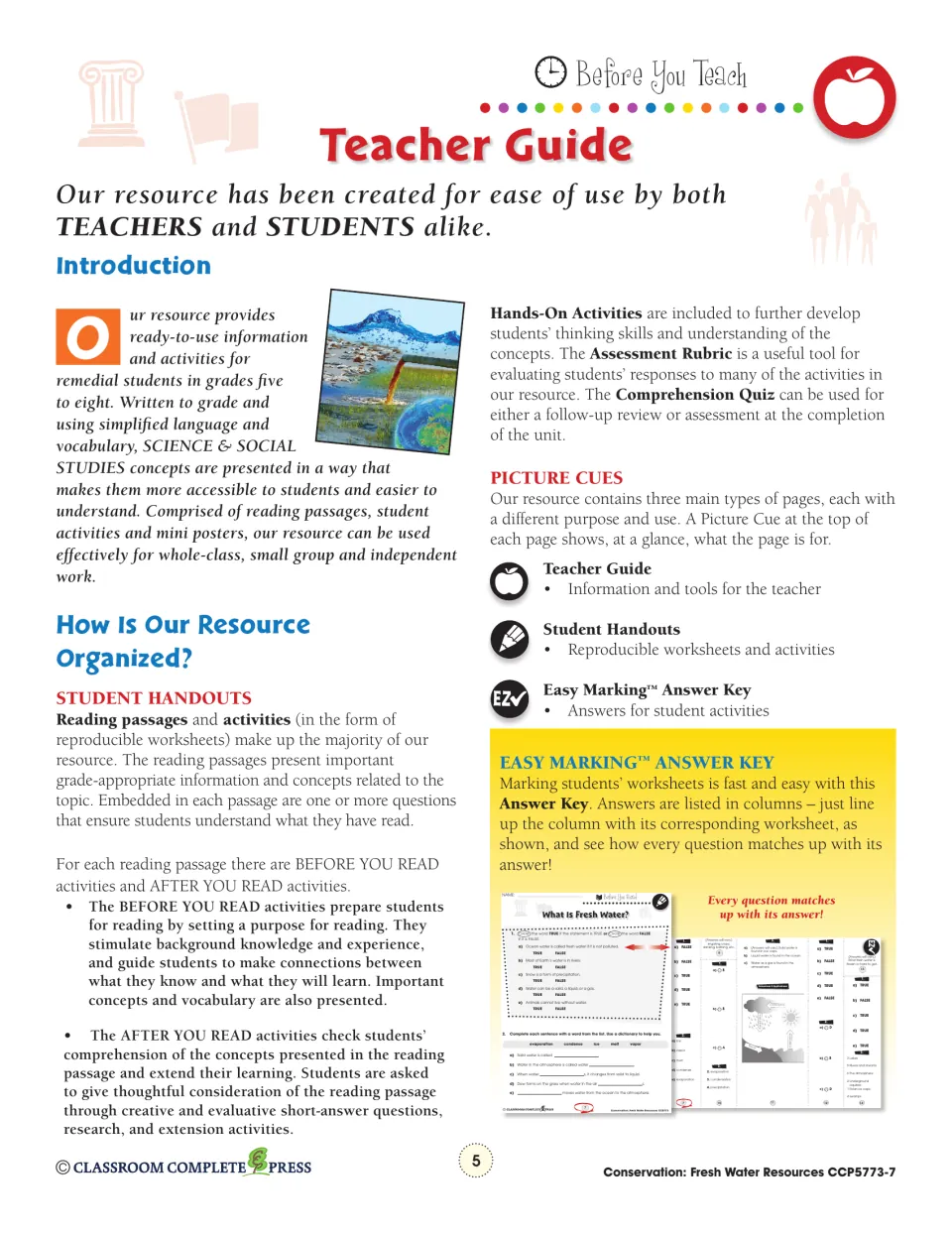 Teacher guide: how the resource is organized, before and after you read activities, and the Easy Marking answer key