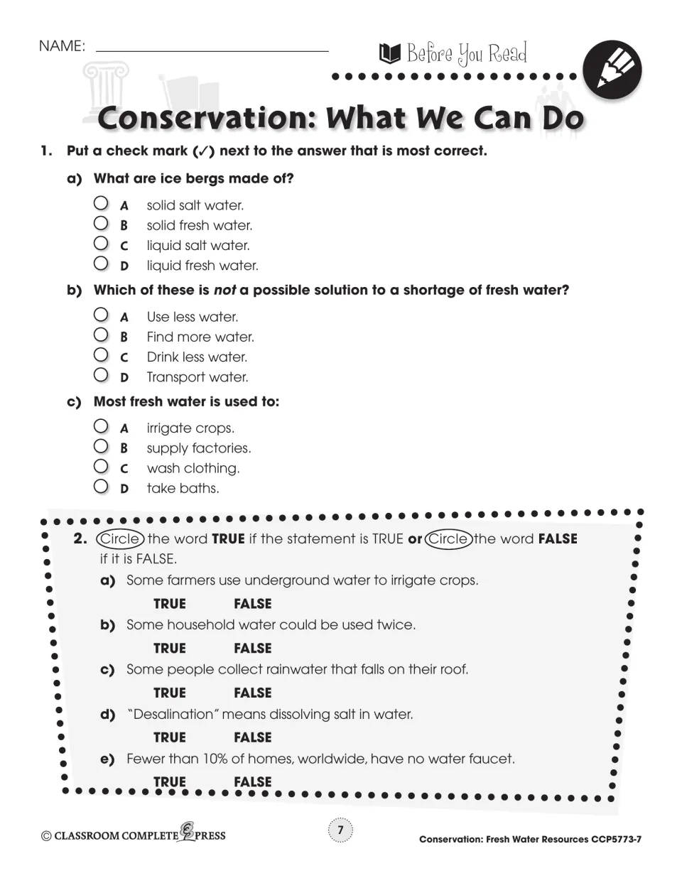 Before-you-read questions: what icebergs are made of, fresh water uses, and 5 true-or-false items on saving water