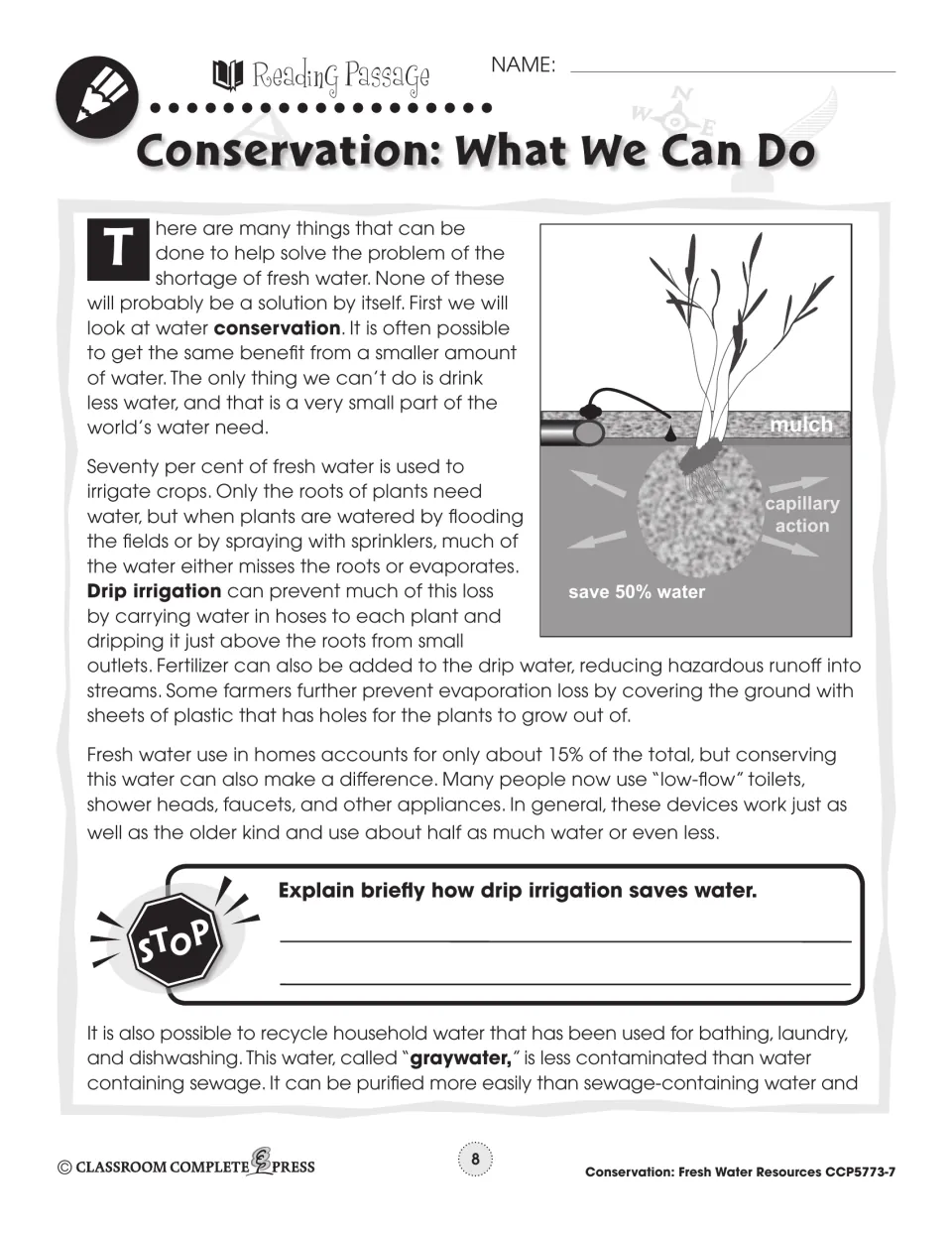 Reading passage part 1 on drip irrigation, low-flow toilets and graywater, with a diagram labeled 'save 50% water'