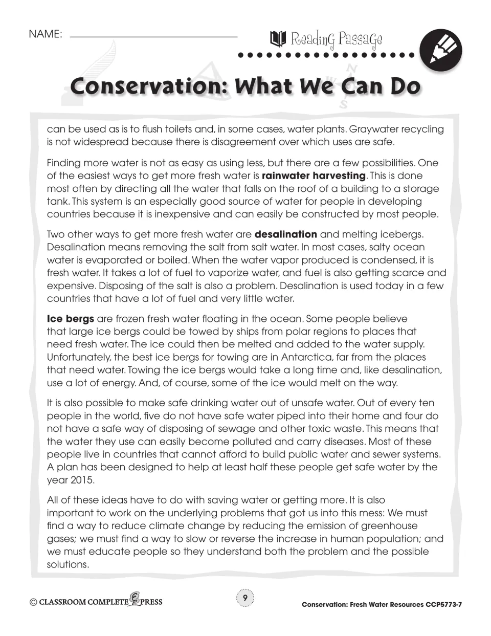 Reading passage part 2: rainwater harvesting, desalination, towing icebergs and cutting greenhouse gases