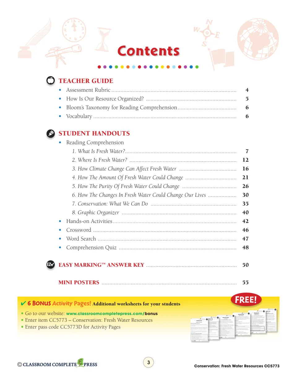 Table of contents: teacher guide, reading sections 1–7, activities, crossword, quiz, answer key and posters