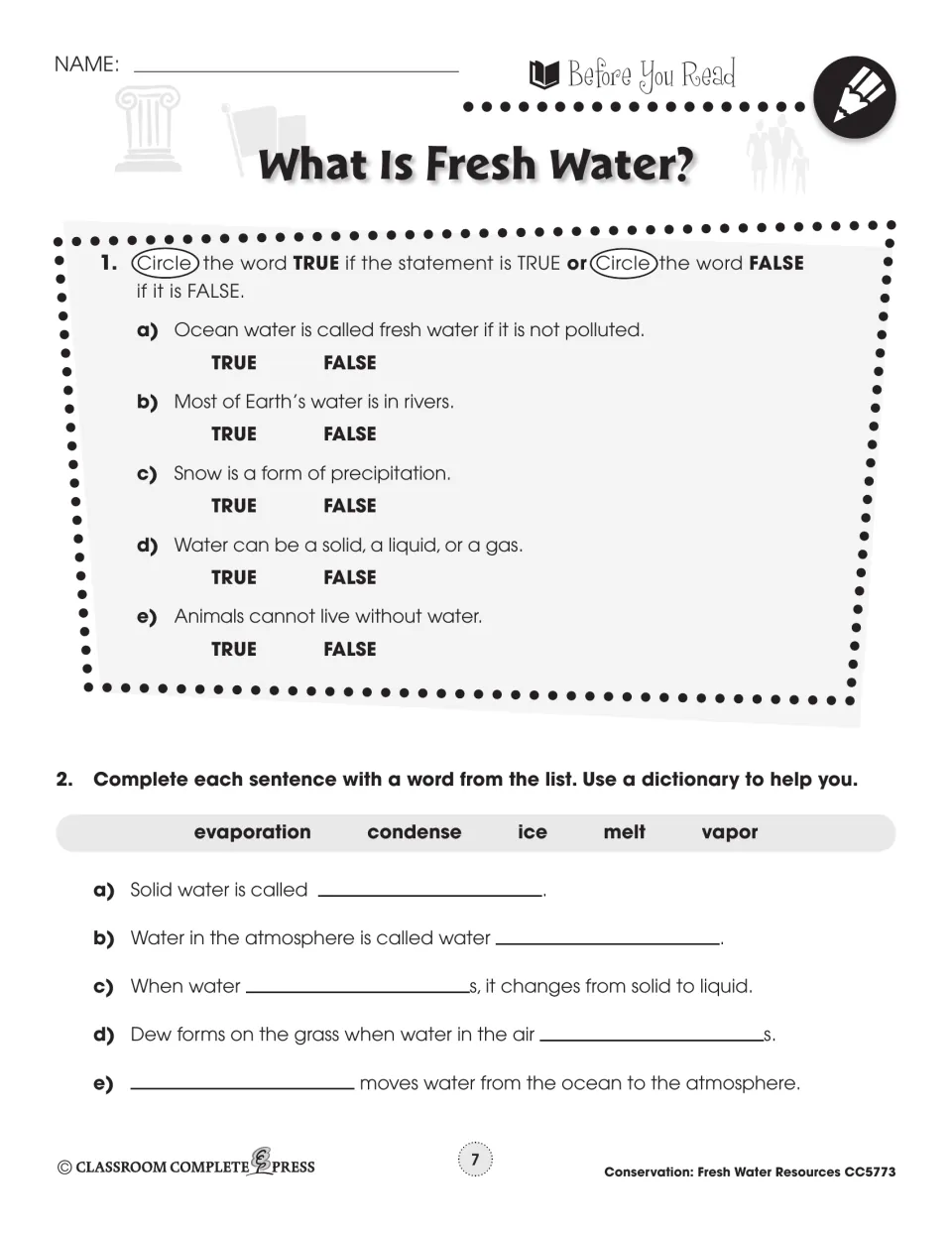Before You Read for 'What Is Fresh Water?': five true-false items and a word bank with evaporation, ice and melt