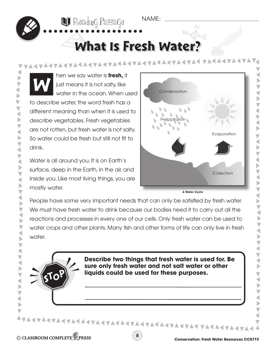 Reading passage part 1: fresh water means not salty; labeled water cycle diagram and a STOP question