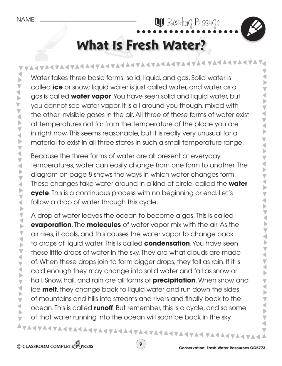 Passage part 2: water's three forms and the water cycle steps evaporation, condensation, precipitation and runoff