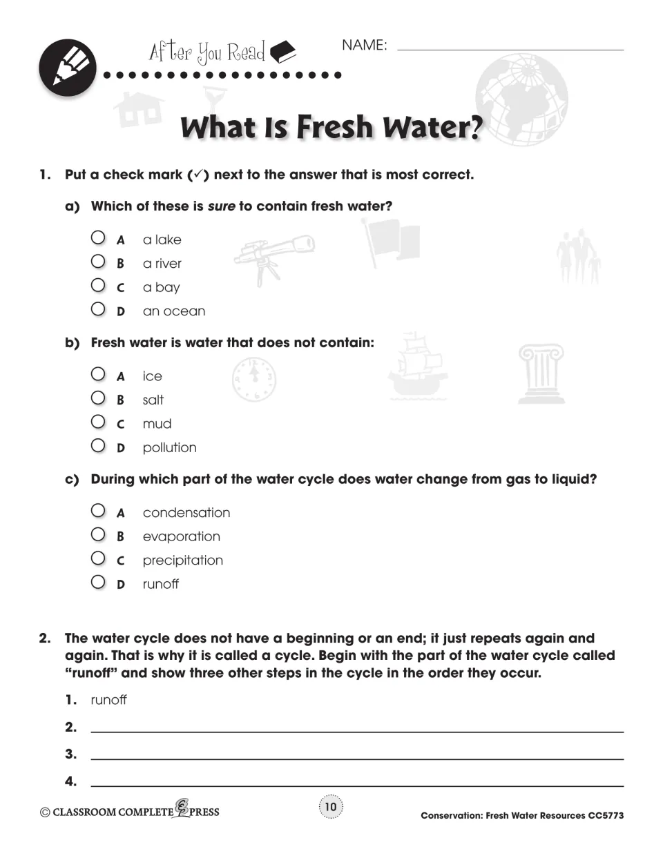 After You Read: three multiple-choice questions on fresh water and the water cycle, then three steps after runoff