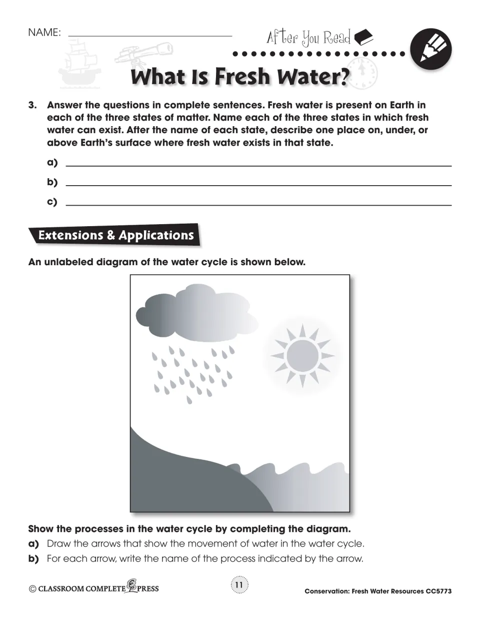 After You Read question 3 on fresh water's three states, plus an unlabeled water cycle diagram to label