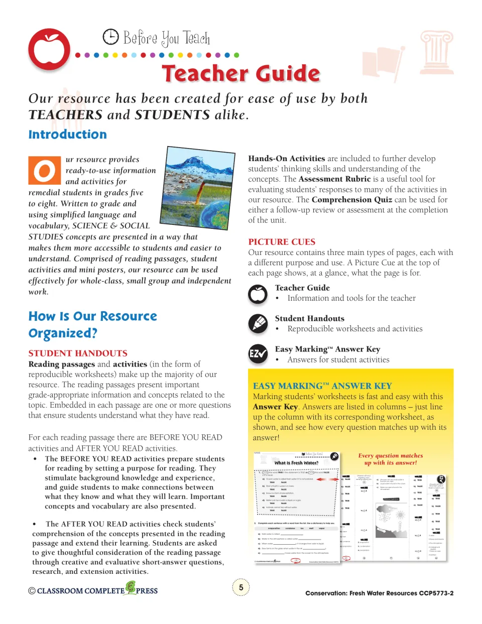 Teacher Guide introduction explaining reading passages, Before and After You Read activities and the answer key