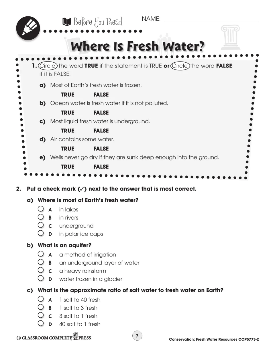 Before You Read: 5 true/false items like 'Most of Earth's fresh water is frozen' and 3 multiple-choice questions