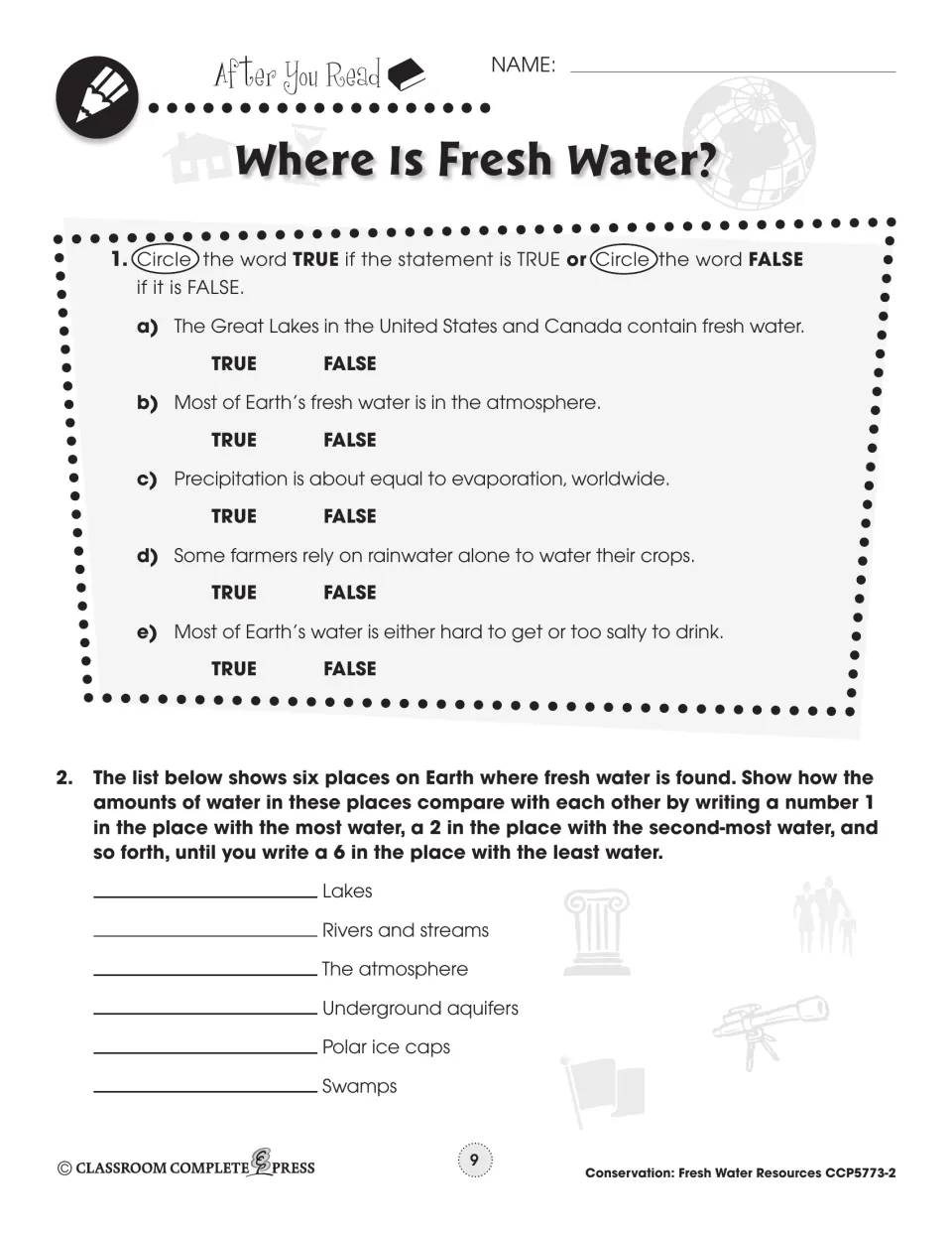 After You Read: 5 true/false items and ranking lakes, aquifers, polar ice caps and 3 more places by water amount