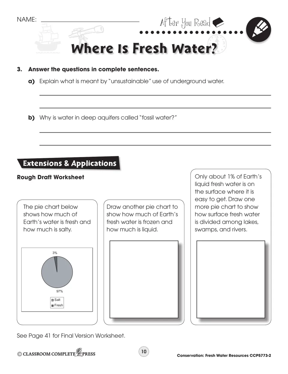 After You Read: short answers on unsustainable use and fossil water, plus a pie chart activity on Earth's water