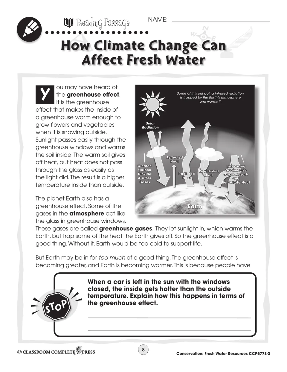 Reading passage part 1 on the greenhouse effect with a labeled diagram and a STOP question about a hot car