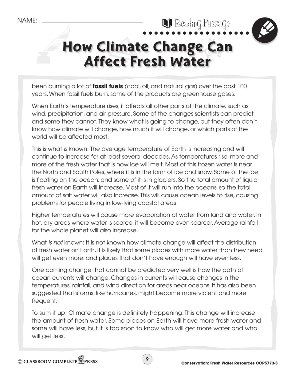 Reading passage part 2: fossil fuels, melting polar ice, rising oceans and what is not known about water supply