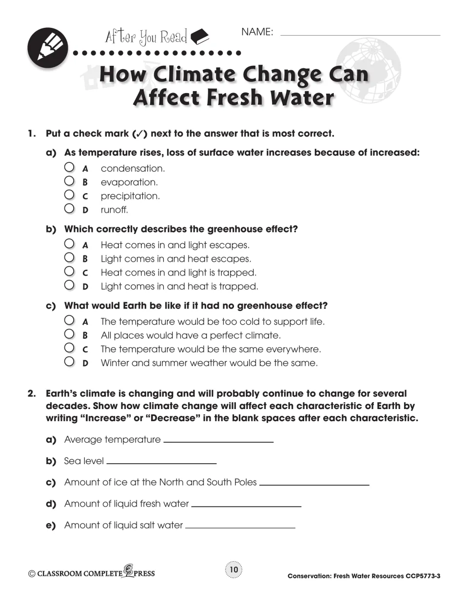 After You Read: 3 multiple-choice greenhouse questions and 5 items to mark 'Increase' or 'Decrease', like sea level