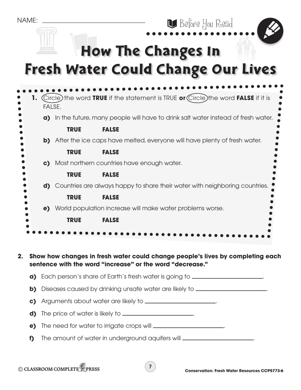 Before-reading activity on fresh water changes: five true-or-false statements and six increase-or-decrease prompts