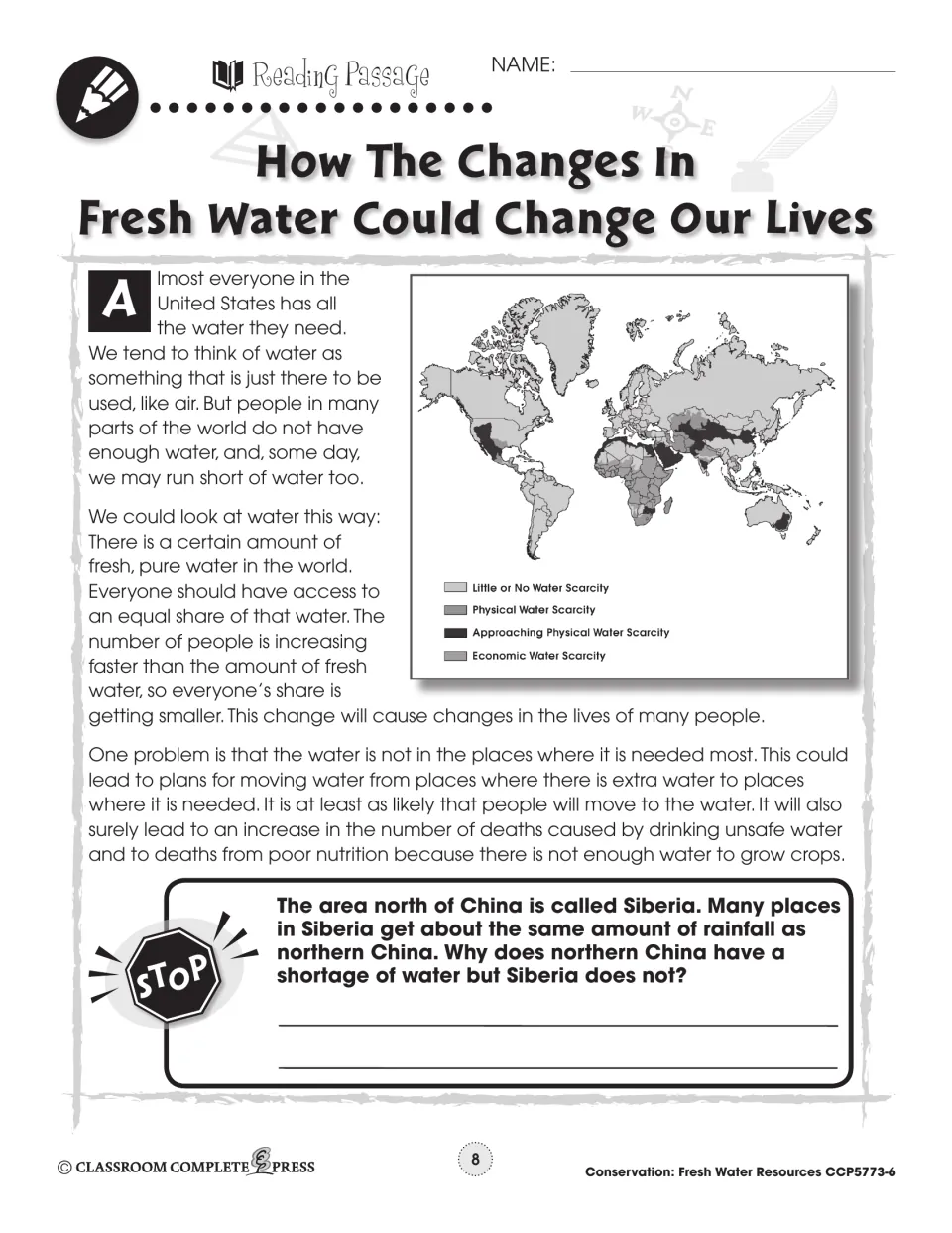 Reading passage opening on water scarcity and population, with a world map and a Siberia–China comparison question