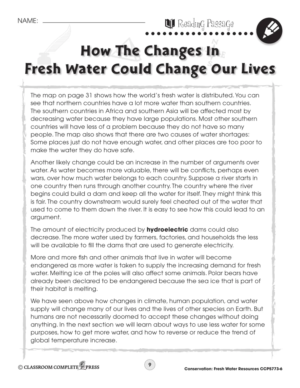 Reading passage continuation on water shortages, conflicts over shared rivers, hydroelectric power, and wildlife