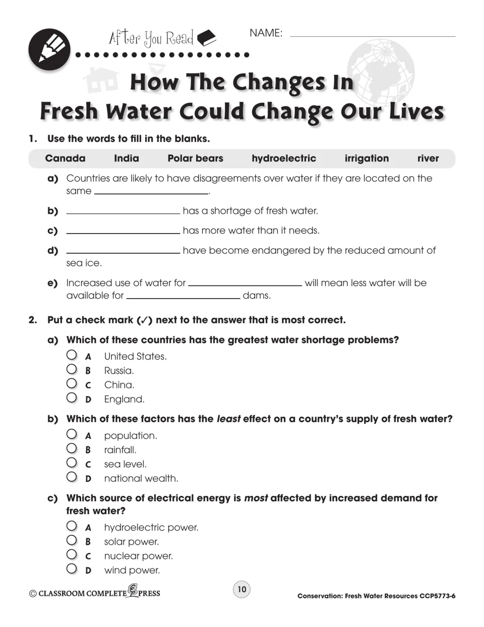 After-reading practice using a six-word bank and three multiple-choice questions about fresh water shortages