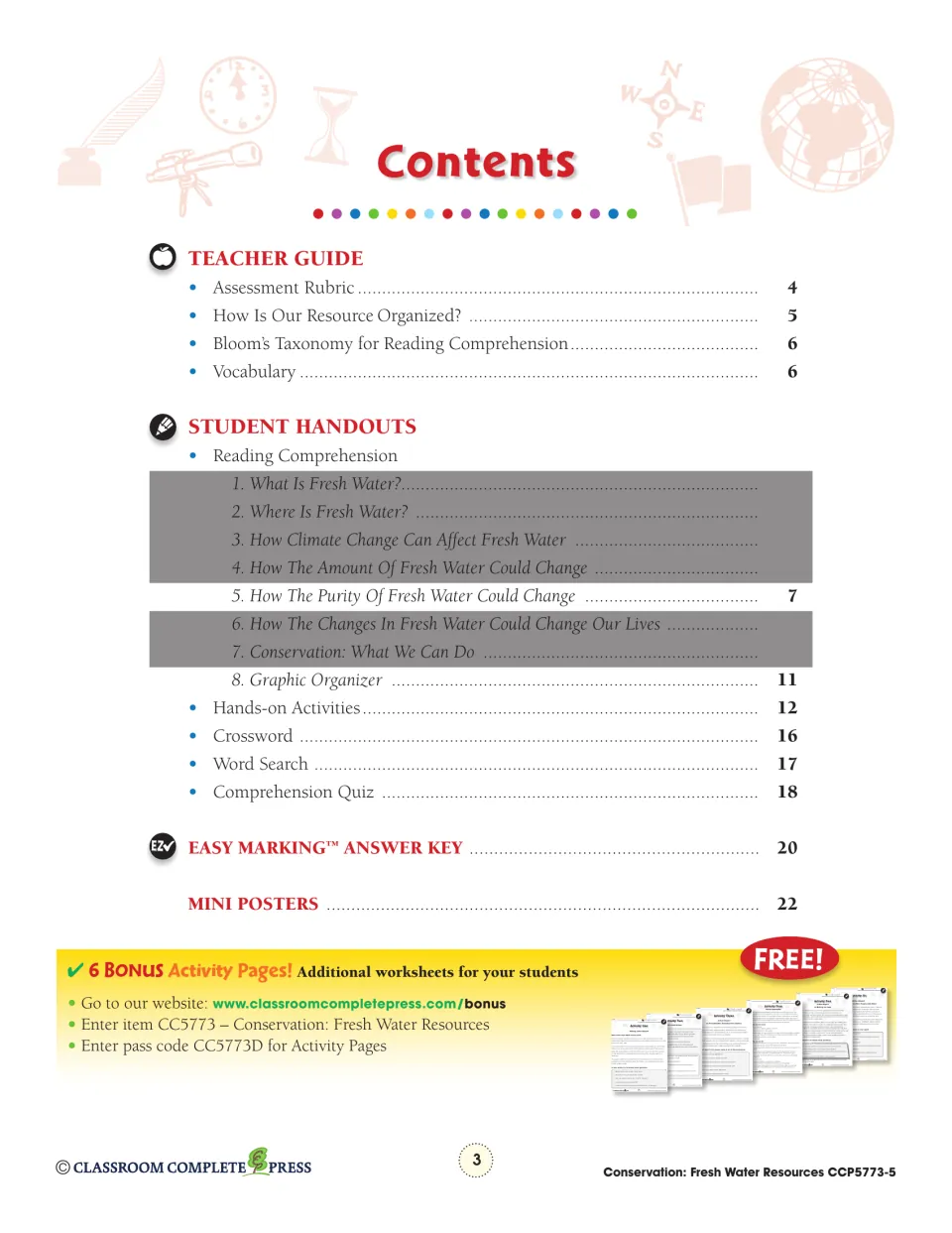 Table of contents: teacher guide, reading Section 5, hands-on activities, quiz, answer key and mini posters