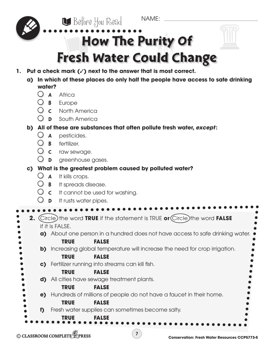Before You Read: 3 multiple-choice questions on safe drinking water and pollutants, plus 6 true/false statements