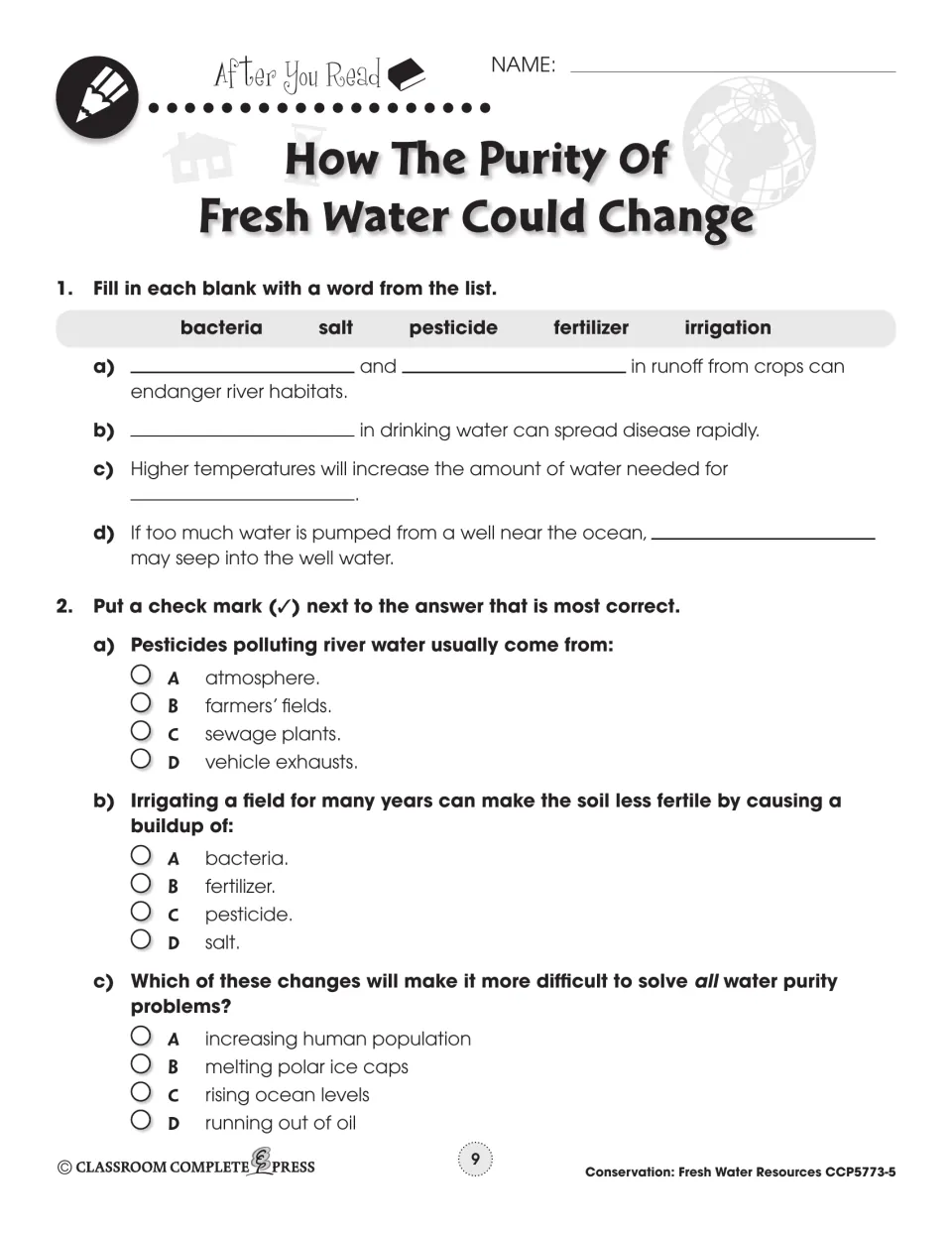 After You Read: fill in blanks with bacteria, salt, pesticide, fertilizer, irrigation, then 3 multiple-choice items