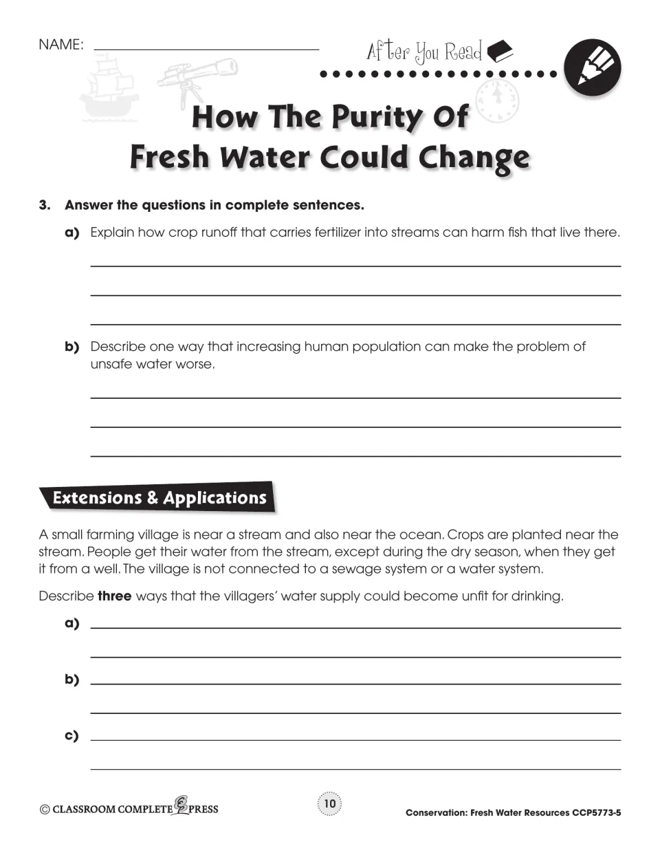 After You Read: question 3 on fertilizer runoff and population, plus an Extensions & Applications village task