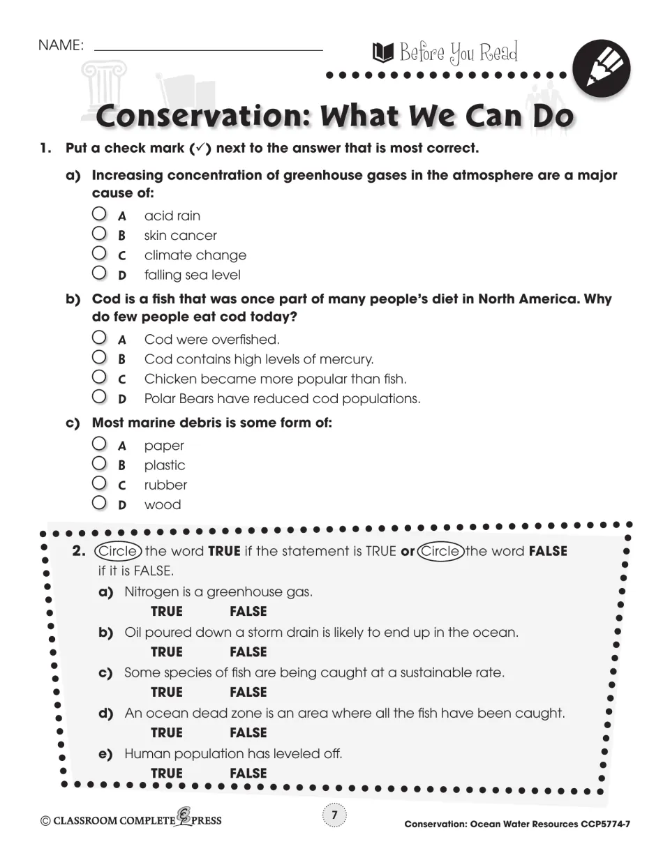 Before-reading conservation questions cover greenhouse gases, overfishing, marine debris and storm drains