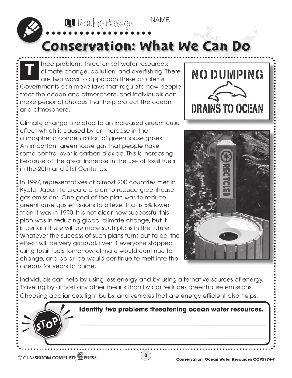 First conservation reading page covers ocean threats, greenhouse gases, the Kyoto plan and energy choices