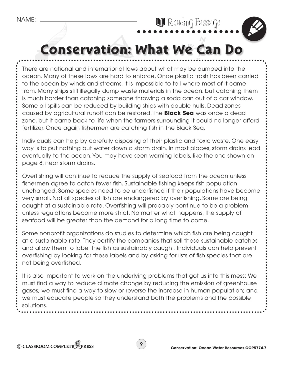 Second conservation reading page explains ocean dumping, waste disposal, sustainable fishing and education
