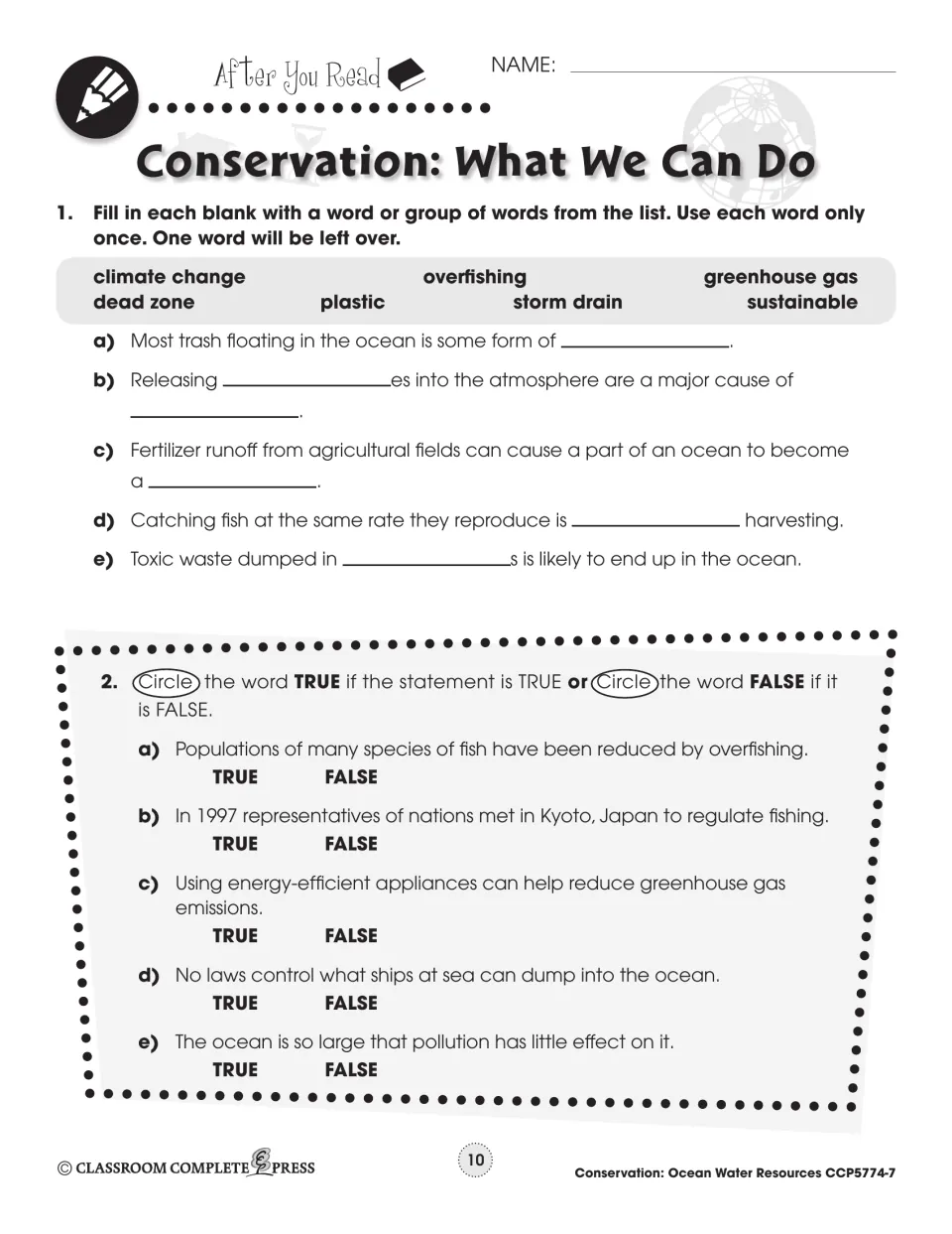 After-reading conservation practice uses vocabulary blanks and true-or-false statements about ocean threats